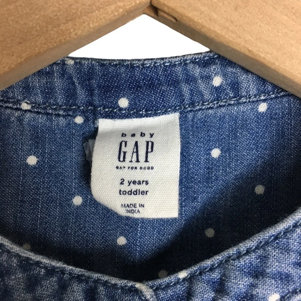 GAP Baby Polka Dot Chambray Dress Ruffle Long Sleeve Button Front Denim Size 2T